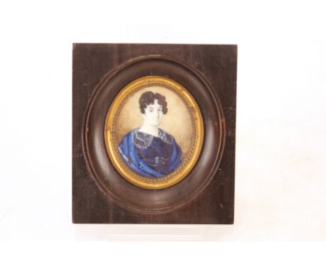 A small miniature&nbsp;portrait&nbsp;study,&nbsp;of a lady wearing blue dress and lace collar in ebonised frame