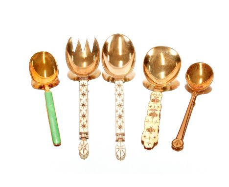 A Norwegian&nbsp;Sterling and enamel decorated spoon, by J Tostrup; a similar pair of servers; a David Andersen Sterling and 