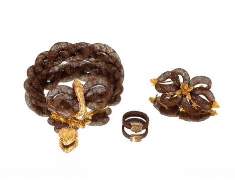 A woven hair and yellow metal mounted bracelet, brooch and ring; various other woven hair type items etc.