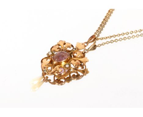 An Edwardian gold pearl and amethyst&nbsp;set pendant, hung to a fine link chain&nbsp;