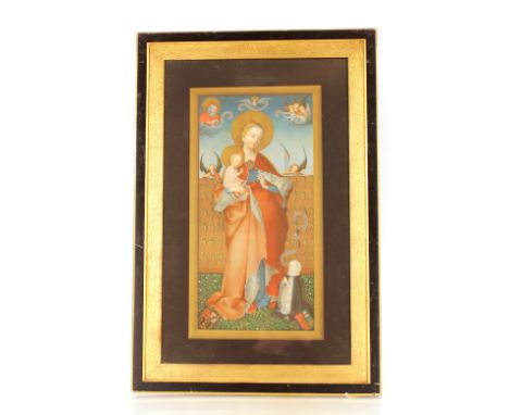 A 19th Century coloured print depicting&nbsp;Madonna and child, in decorative black and gilt frame, 72cm x 48cm overall