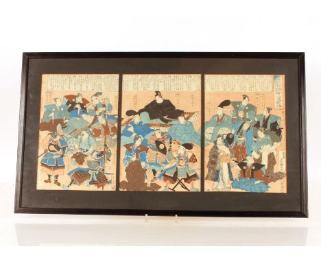 A Japanese triptych&nbsp;print,&nbsp;by Mosai "Heros Of Tokugawa Shogun Family", published by Tsujiokaya Ewnsuke, each panel 