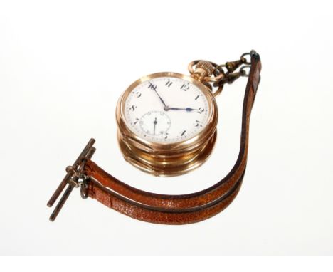 A gold plated pocket watch,&nbsp;with white enamel dial and seconds subsidiary