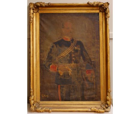 19th Century school,&nbsp;study of an army officer, oil on canvas, AF and in need of restoration, contained in a gilt frame, 