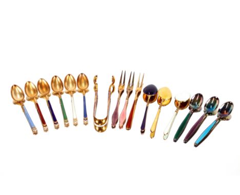 A collection of Norwegian&nbsp;925 mark silver and enamel teaspoons, two pronged forks and sugar nips&nbsp;&nbsp;