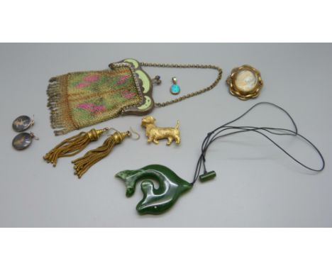 A nephrite jade pendant, chain mail purse, a pair of Victorian gilt metal earrings, etc. 