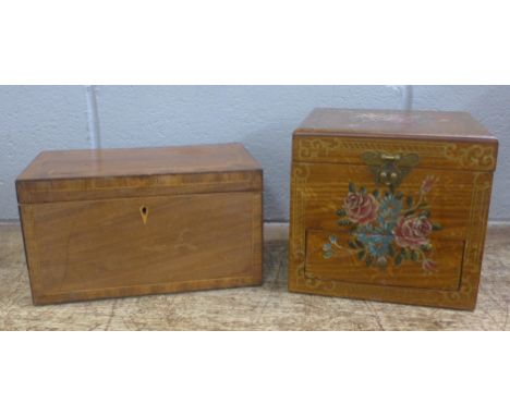 An 18th Century tea caddy with three wooden compartments, 25.5cm x 14.5cm x 14cm and a lady's painted jewellery box 