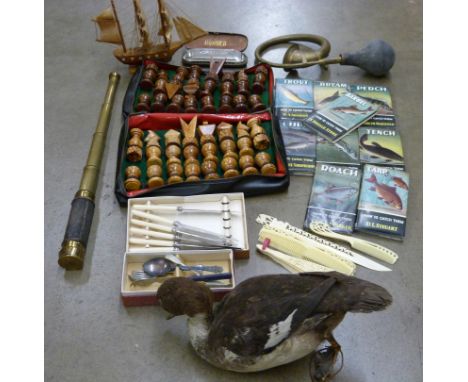 Assorted items, harmonica, telescope, fishing books, car horn, flatware, taxidermy duck, chess set, etc. **PLEASE NOTE THIS L