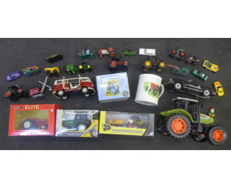 Model vehicles including a Britains Elite tractor, model JCB, model cars and two mugs 