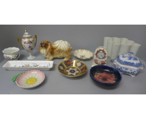 Assorted china; a Moorcroft bowl, a/f, a Mason's Red Mandalay clock, jelly mould, Carlton Ware, etc. 