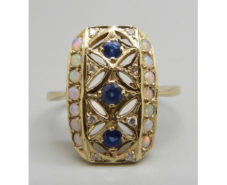 An Art Deco style 9ct gold ring set with sapphires, opals and diamonds, 4.4g, W, 13mm x 20mm 