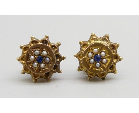 A pair of vintage seed pearl and sapphire set earrings, 1.2g 
