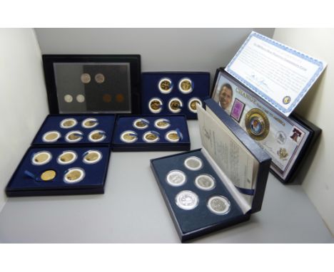 Coins; sixteen cased 22ct gold plated one dollar coins Presidential Collection, six US Mint first and last numismatic set, a 