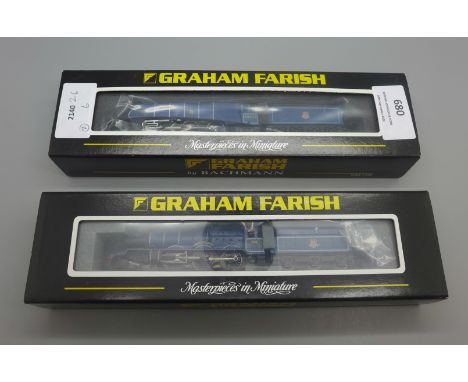 Two Graham Farish by Bachmann N gauge locomotives, A4 Mallard Express and 6XXX King Class 6021 King Richard II BR Express Blu