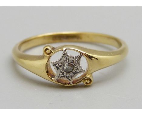 A vintage Art Deco 18ct gold and platinum set diamond ring, 2.3g, L 