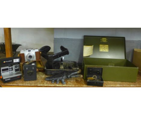 Three cameras includng Polaroid, a lockbox and assorted metalwares **PLEASE NOTE THIS LOT IS NOT ELIGIBLE FOR POSTING AND PAC