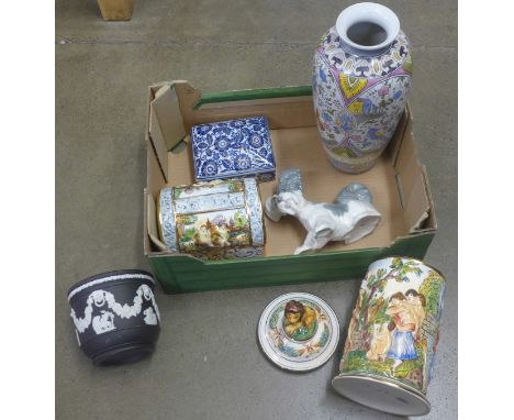 A Lladro puppy, an Italian casket and lidded jar, oriental jar, a Wedgwood Jasperware planter, etc. **PLEASE NOTE THIS LOT IS