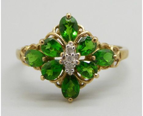 A 9ct gold Russian diopside and diamond cluster ring, 1.9g, T 