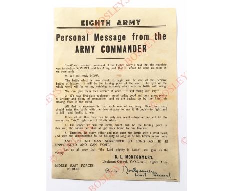 1942 Field Marshal The Viscount Montgomery Personal Message to his 8th Army. This single sheet message is dated 23rd October 