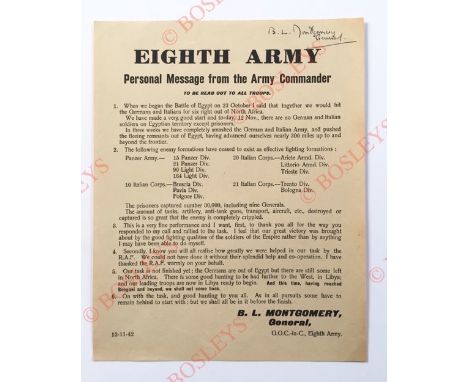 November 1942 Field Marshal The Viscount Montgomery Personal Message to his 8th Army. This single sheet message is dated 12th