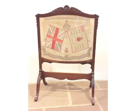 Wiltshire Regiment Edwardian Mahogany Fire Screen. This fire screen is decorated with a large silk embroidered panel depictin