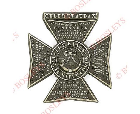 Badge. King’s Royal Rifle Corps Officer’s post 1905 astrakhan rifle cap badge. A very fine die-stamped blackened example with