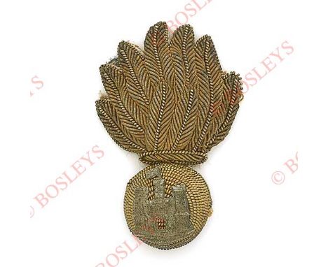 Badge. Royal Inniskilling Fusiliers post 1881 Officer’s bullion forage cap badge. A good scarce gold wire embroidered flaming