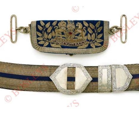 Indian Police. Bombay City Police Officer’s Pouch Belt. An immensely rare example. Blue leather belt with wide silver lace wi