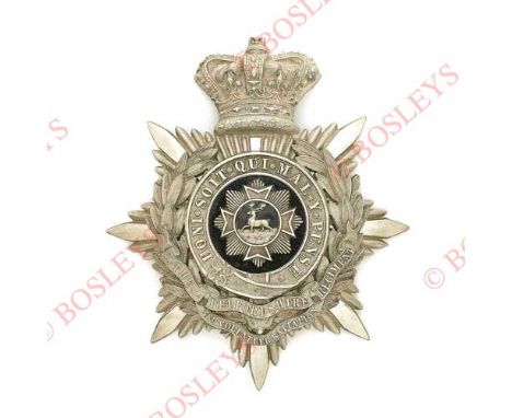Badge. 3rd VB Bedfordshire Regiment Victorian Officer’s helmet plate circa 1887-1901. A fine and scarce silvered example of u