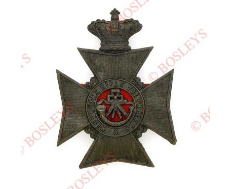 Badge. 5th Middlesex Rifle Volunteers OR’s helmet plate circa 1880-1901. A fine die-stamped blackened example. Crowned lined 