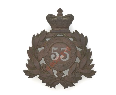 Badge. 53rd (Shropshire) Regiment of Foot Victorian OR’s shako plate circa 1869-78. A good die-stamped brass example. Within 