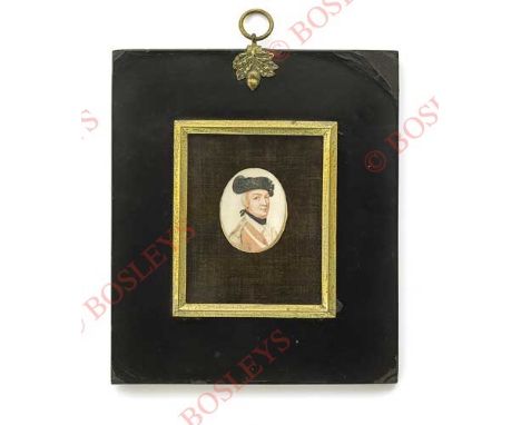18th Century 16th Foot Miniature Portrait of an Lieutenant Isaac Cornock. Circa 1761. This small oval portrait is a head and 