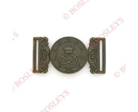 Badge. Staffordshire Rifle Volunteers post 1859 Victorian waist belt clasp. A good die-cast blackened brass example. Circlet 