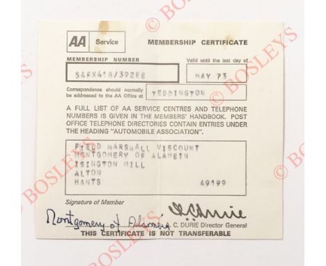 Field Marshal The Viscount Montgomery Signed Automobile Association Membership Certificate. This AA members card is dated 197
