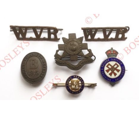 Women’s Volunteer Reserve WW1 insignia. Good scarce die-stamped bronze cap badge on loops ... pair of WVR bronzed shoulder ti