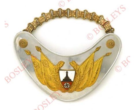 German. Third Reich Old Comrades Association standard bearer’s gorget. A good polished aluminium example mounted with two pai