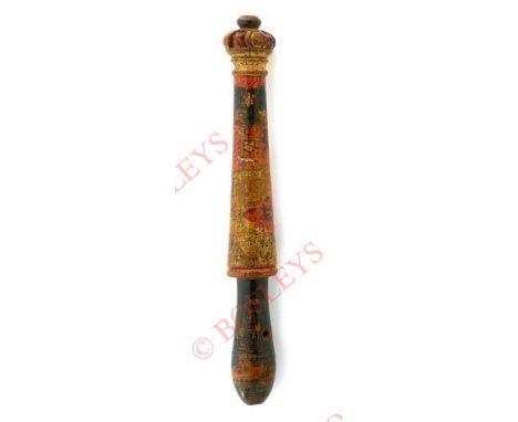 An usual small lightweight wooden example. Turned plain baluster shaped grip, the main body is turned and tapering to a carve