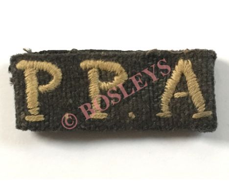 Badge. WW2 Popski’s Private Army Similar Slip on Cloth Shoulder Title of Trooper Douglas “Daggerman” Harding A good worn exam