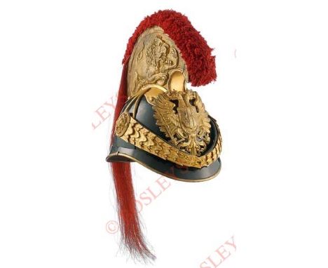 Austrian 19th Century Officer’s Cavalry Helmet. A good example, the skull of black japanned metal, with impressive gilt Austr