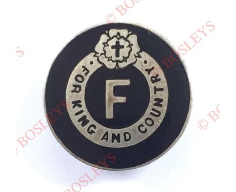 Badge. British Fascists 3rd pattern 'For King And Country' Membership Badge A scarce mid 1920's silver plated black enamel ba