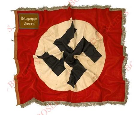 German Third Reich NSDAP Flag/ Standard for Ortsgruppe Zeven. A fine scarce double sided example of red cotton with black swa