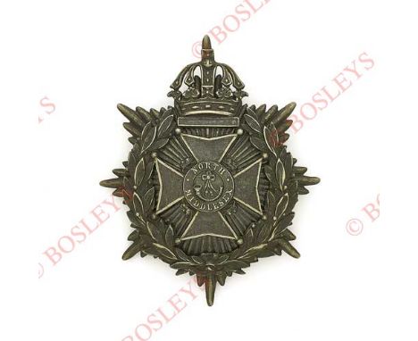 Badge. 17th North Middlesex Rifle Volunteers post 1880 Victorian Officer’s helmet plate. A good scarce die-stamped blackened 