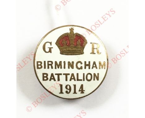 Badge. Birmingham Battalion 1914 Kitchener’s Army lapel badge. White enamel dicc with red enamelled crown flanked by GR, insc