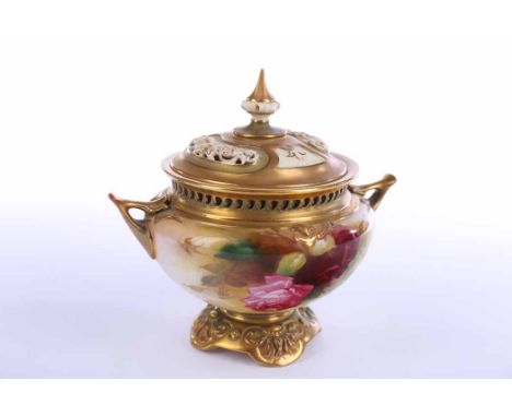 ROYAL WORCESTER SQUAT CIRCULAR DOUBLE HANDLED VASE 
decorated with roses on a blush ivory ground, indistinct dot code, 16.5cm