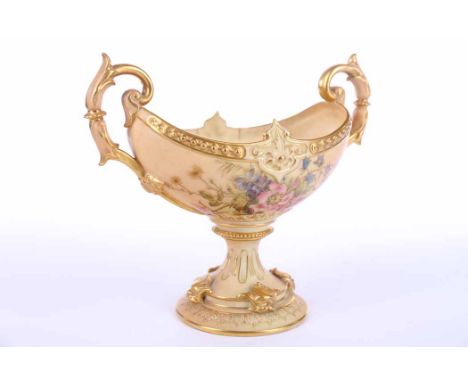 ROYAL WORCESTER TWIN-HANDLED PEDESTAL COMPORT 
decorated with floral sprays, the moulded rim with gilt highlights, factory ma