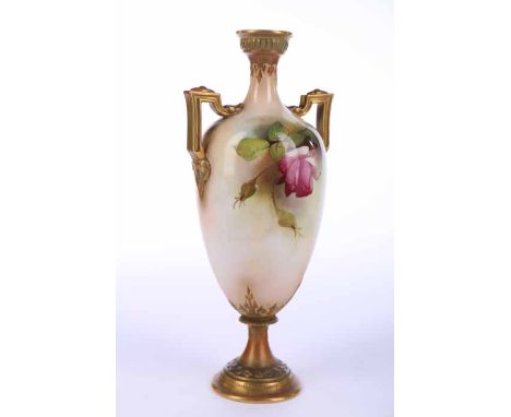 ROYAL WORCESTER TWO-HANDLED VASE
by Harry Austin, signed 'H. Austin', lacking cover, painted with roses on a blush ivory grou