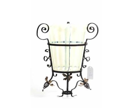 ARTS AND CRAFTS VASELINE GLASS HALL LANTERN
in the manner of W. A. S. Benson, of tapering form, with worked copper foliate de