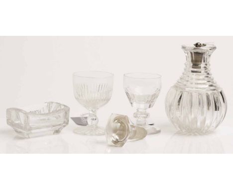 SMALL 19TH CENTURY RIBBED BALUSTER DECANTER WITH A RINGED NECK
14cm high; also a water carafe and a fluted tumbler, an attrac