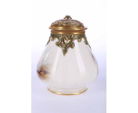 ROYAL WORCESTER VASE WITH COVER
painted by Harry Stinton, signed 'H. Stinton', with gilt pierced cover, the quarter lobed bod