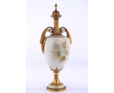 EARLY 20TH CENTURY ROYAL WORCESTER TWO-HANDLED PEDESTAL VASE
the ovoid body painted by John Stinton Jr, signed 'J. Stinton', 